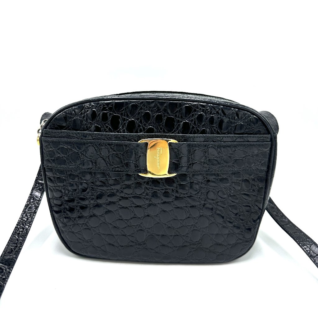 Ferragamo Black Crocodile Embossed Bowtie Camera Bag